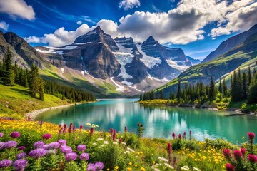Majestic glacier-carved mountains tower above serene alpine lakes, surrounded by lush green forests and vibrant