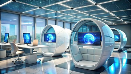 stark white futuristic pods with glowing screens and holographic projections replace traditional desks in a revolutionary e-learning space
