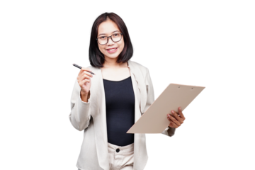 Asian Businesswoman with clipboard isolated transparent