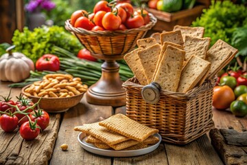 morning farm market gluten free crackers arranged on wicker basket surrounded by fresh produce and vintage scales warm earthy tones soft natural light