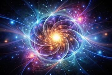 Obraz premium quantum flux logo vortex unfolds into a mesmerizing pattern of swirling energies and particles on a dark, cosmic background with dazzling light bursts