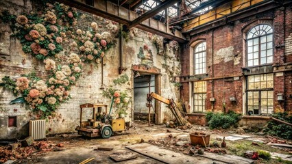 Fototapeta premium abandoned industrial site with peeling vintage floral wallpaper, crumbling brick walls, and rusty construction machinery, evoking nostalgia and decay