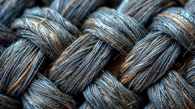 Close-up of braided denim texture, macro detail. Textile and fashion concept