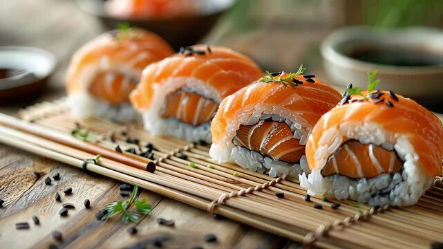 Fresh salmon sushi rolls on bamboo mat, close-up view. Japanese cuisine and culinary art concept