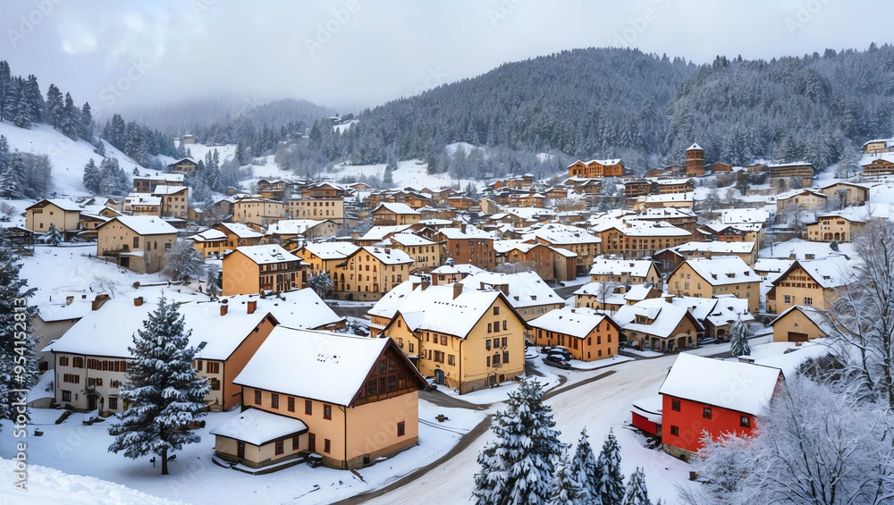 Wall mural snow covered village background