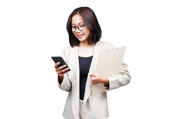 Asian Businesswoman with clipboard isolated transparent