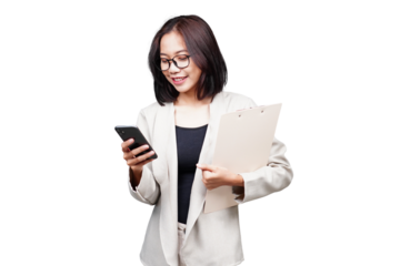 Asian Businesswoman with clipboard isolated transparent