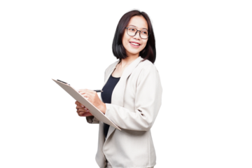 Asian Businesswoman with clipboard isolated transparent