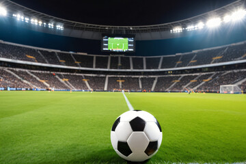 Obraz premium soccer ball on the grass near the centerline of a brightly lit stadium at night. The stands are filled with spectators, and a large screen displays the game.