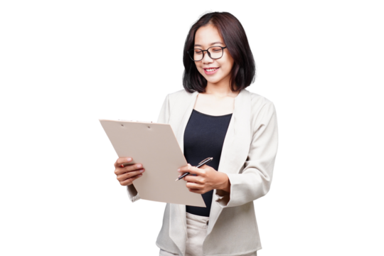 Asian Businesswoman with clipboard isolated transparent