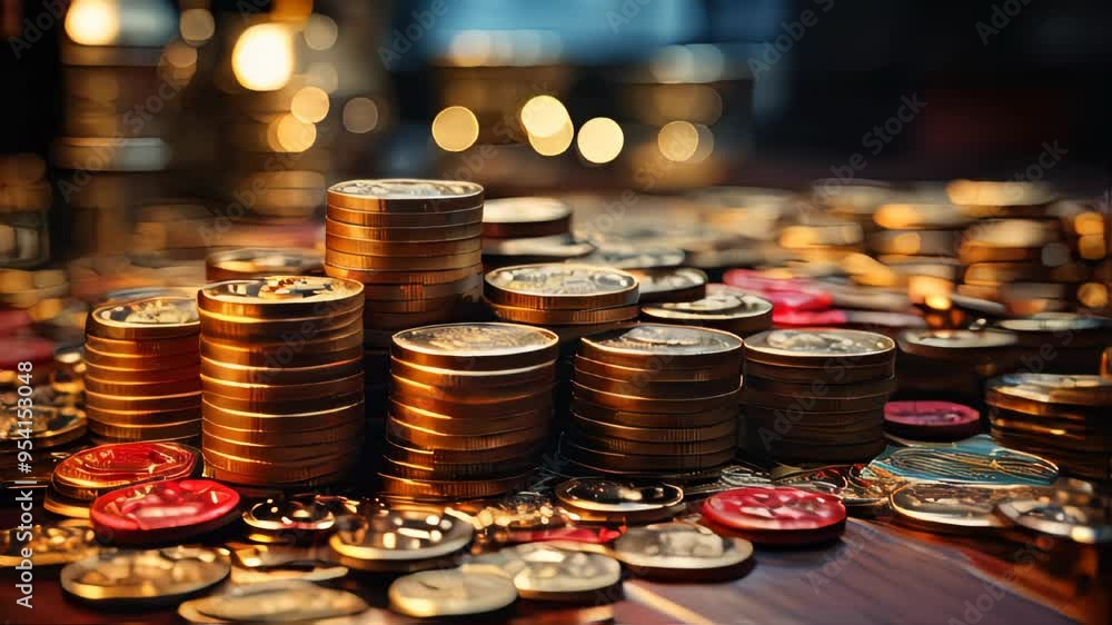Poster several stacks of golden coins on a dark surface adorned with glittering confetti, with a warm bokeh