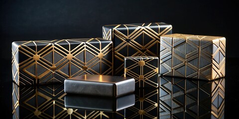 geometric soap designs with metallic accents on a sleek black background to create a sense of modern sophistication and glamour