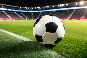 Fototapeta premium soccer ball placed on the grass near the white boundary line of a brightly lit stadium. The stands are empty, and the field is illuminated, indicating a nighttime setting.