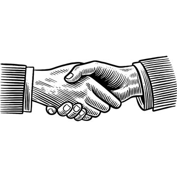 recommend clip art: Hand drawn Handshake. Two Hands Shaking. Business Deal Symbol Sketch Illustration Engraving Woodcut Line Art Vintage Style