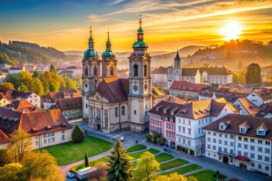Dreamy morning cityscape of St. Gallen's Abbey Library, Baroque architecture, picturesque Old Town, soft warm light, romantic mood, elegant lines.