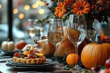 A festive Thanksgiving table set with traditional foods like roast turkey and pumpkin pie, celebrating gratitude and family togetherness with autumn decorations.
