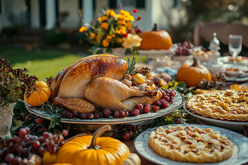 A festive Thanksgiving table set with traditional foods like roast turkey and pumpkin pie, celebrating gratitude and family togetherness with autumn decorations.
