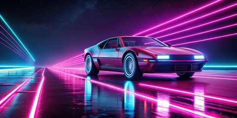 futuristic retro dystopian sci-fi speed limit five neon icon glowing bright pink road markings electric car speeding through dark deserted highway moody atmospheric eerie lighting