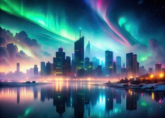 Fototapeta premium ethereal luminescent futuristic cityscape dreamscapes with iridescent aurora borealis colors and glowing neon lights reflected in misty atmospheric fog