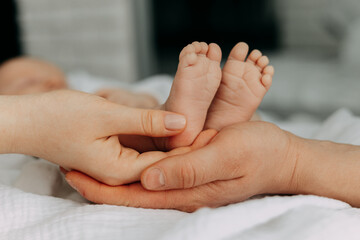 Hand holding babys feet, showing closeup gesture of care and tenderness