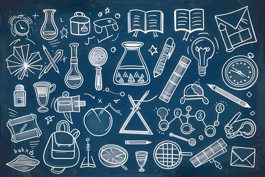 "Back to School" background with school-themed doodles on a blue chalkboard..