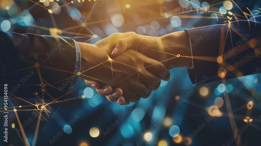 Poster two hands shaking with a digital network of yellow lines and glowing dots in the background.