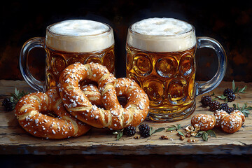 Fototapeta premium Lively Oktoberfest scene showcasing traditional beer mugs and pretzels, embodying the festive spirit of this iconic German celebration. 