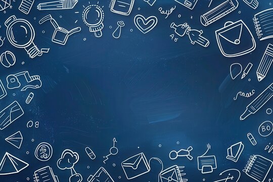 Back to School illustration background with school themed doodles written on a blue chalkboard with copyspace in the center.