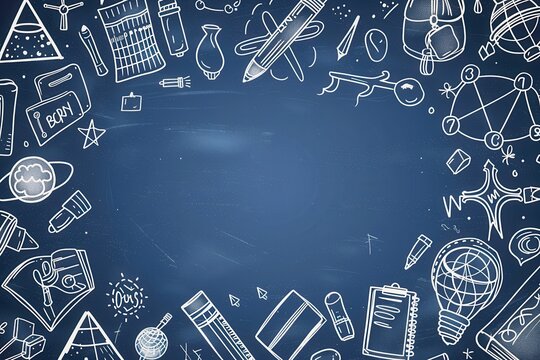 Illustration background with school-themed doodles with a copyspace in the center, drawn on a bkue chalkboard, "Back to School" concept..