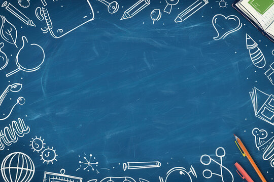 Illustration background with school-themed doodles with a copyspace in the center, drawn on a bkue chalkboard, "Back to School" concept..