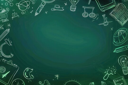 School-themed doodles covering a green chalkboard with a copyspace in the middle, creating a "Back to School" illustration background..