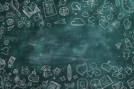 School-themed doodles covering a green chalkboard with a copyspace in the middle, creating a "Back to School" illustration background..