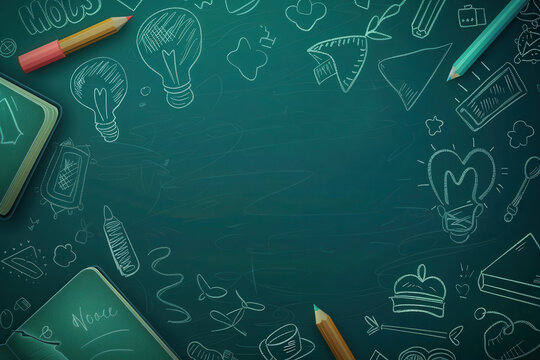 School-themed doodles covering a green chalkboard with a copyspace in the middle, creating a "Back to School" illustration background..