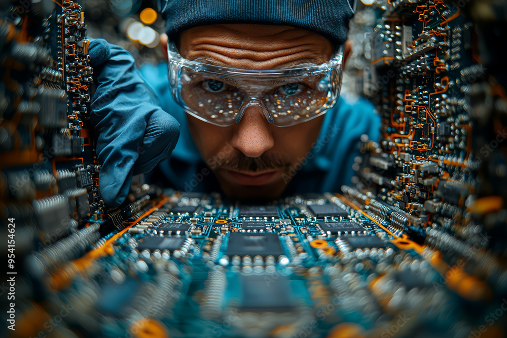 Poster an engineer inspecting a complex circuit board in a high-tech laboratory, demonstrating precision an