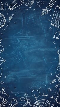 Blue chalkboard filled with childlike school doodles with a copyspace in the center.  "Back to School" theme..