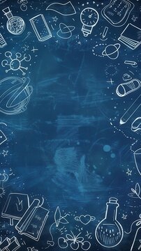 Blue chalkboard filled with childlike school doodles with a copyspace in the center.  "Back to School" theme..