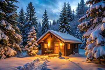 cozy standby generator house wooden cabin style surrounded snow-covered evergreen trees warm candlelight soft focus intimate winter wonderland