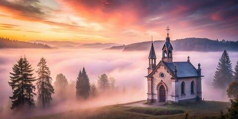 Fototapeta premium Dramatic morning fog swirls around the chapel's ornate facade, as soft pink hues and subtle mist evoke mystique, quiet contemplation, and ethereal romance.