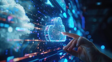 A hand reaches out to touch a digital lock icon against a backdrop of futuristic technology and clouds.