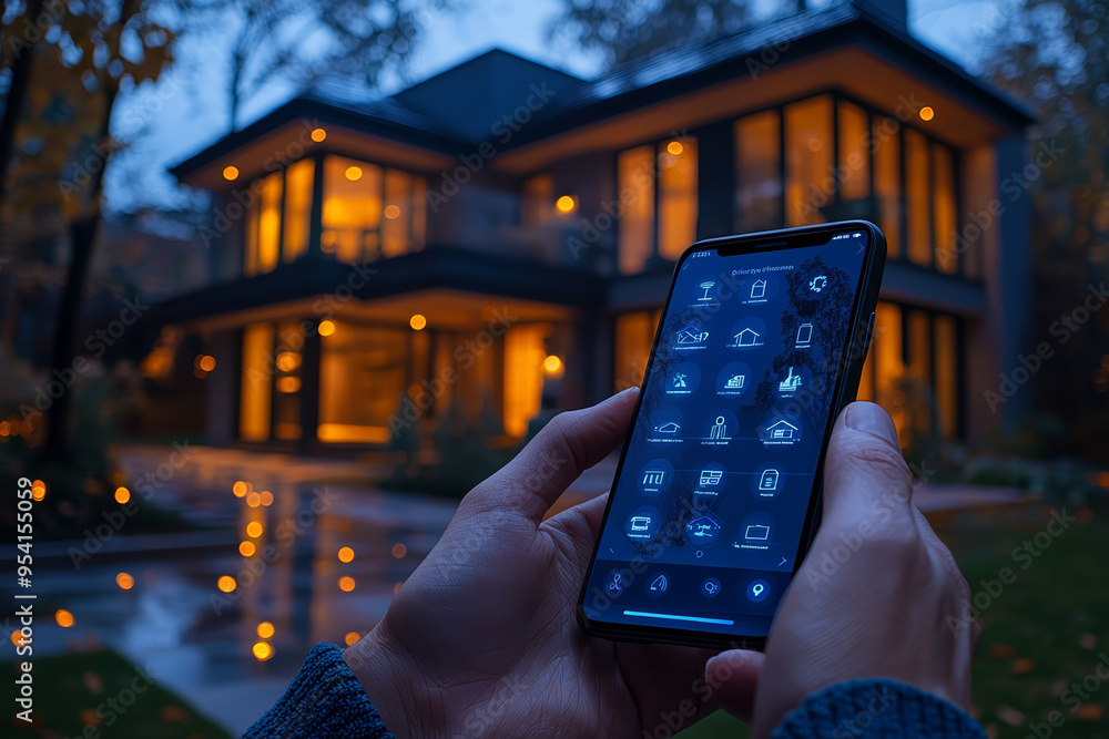 Poster a user interfacing with a smart home system via a smartphone app, showcasing advancements in home au