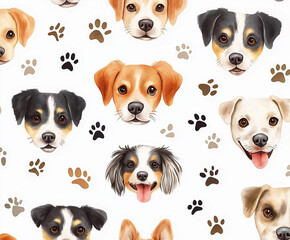 Obraz premium A seamless pattern with watercolor dog faces and paw prints, , white background, playful texture