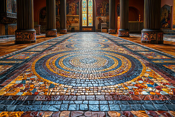 Obraz premium A stunning mosaic floor with intricate patterns and vibrant colors in an ancient building, reflecting the artistic beauty of historical craftsmanship.
