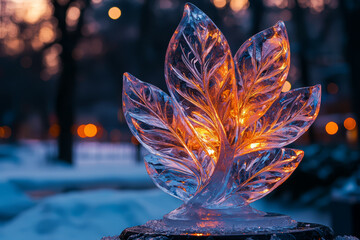 A stunning ice sculpture at a winter festival, intricately carved and illuminated by colored lights, highlighting the artistry of ice carving.