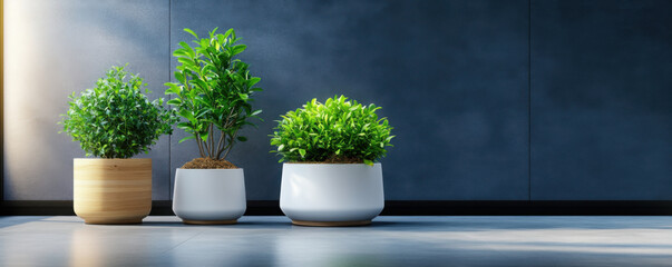 Minimalist arrangement of three potted plants placed in front of a dark wall, emphasizing contrast and modern decor.