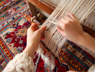 Obraz premium Young Woman's Hands Weaving on a Traditional Loom | Craftsmanship and Textile Art