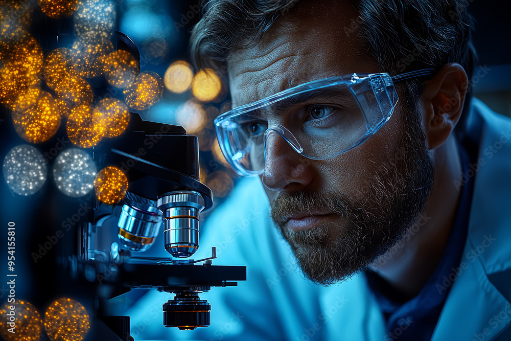 Poster a scientist examining samples under a powerful electron microscope, showcasing the role of advanced 