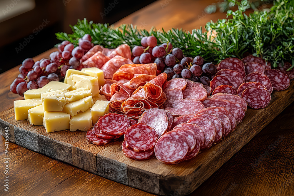 Sticker a rustic charcuterie board with an assortment of cured meats, cheeses, and fresh fruits, highlightin