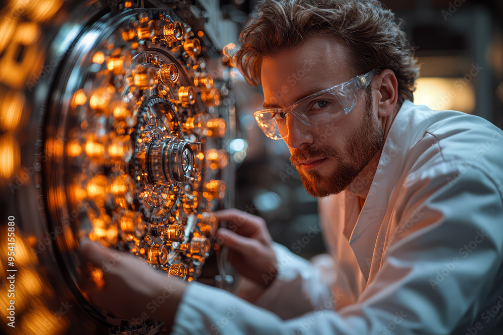Poster a researcher operating a particle accelerator in a physics laboratory, highlighting the advanced tec