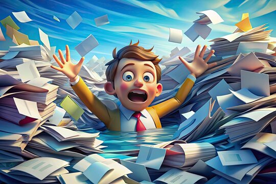 Whimsical illustration of a cartoon character drowning in a sea of paperwork and bills with bold colors and playful textures conveying frustration and humor