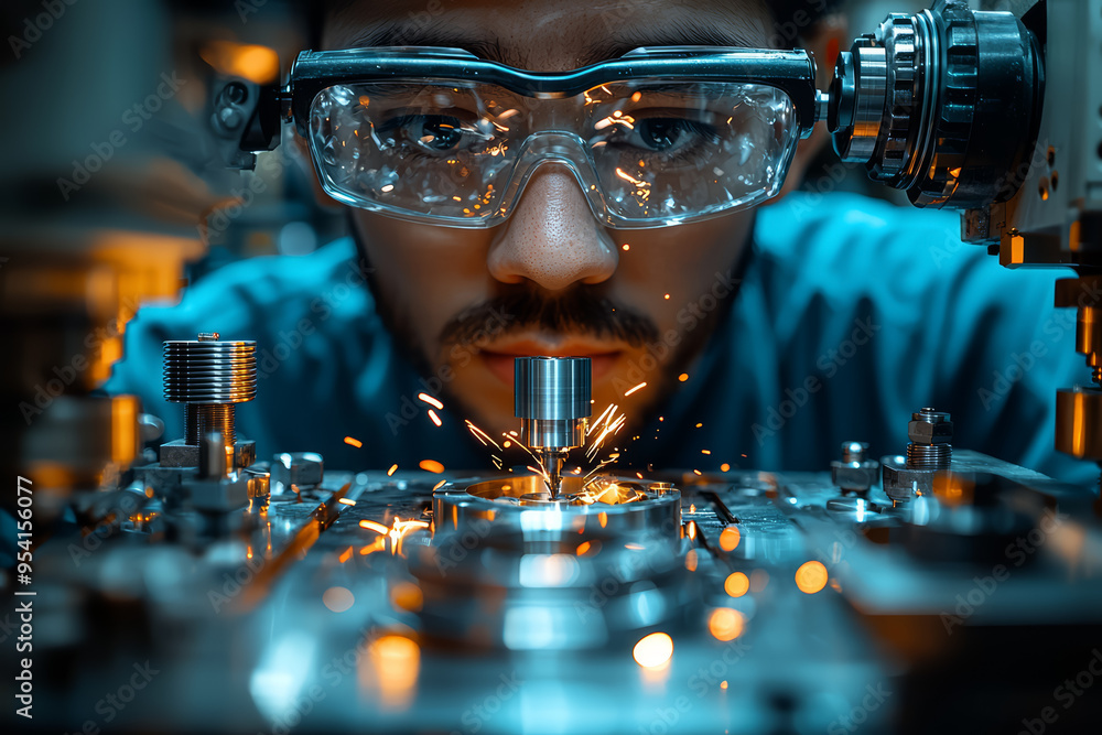 Poster a person operating a cnc milling machine to create intricate parts, demonstrating precision engineer